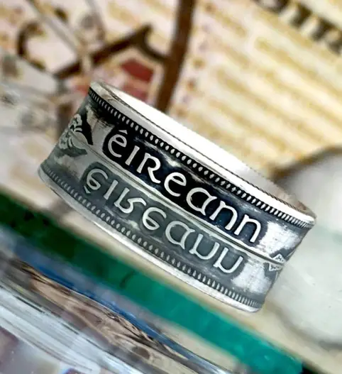 Irish half crown coin ring with Celtic harp